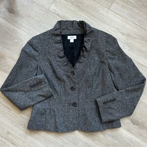 Ann Taylor Loft  Crop Suit Jacket Womens 12 Ruffle Peplum Gray Wool Blend Career